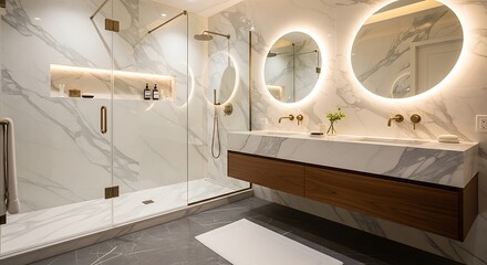 Modern Luxury Bathroom with Marble and Double Vanity.
