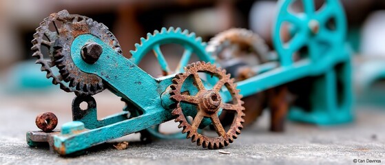 Turquoise gears and rusted cogs, aged mechanism parts on grey surface