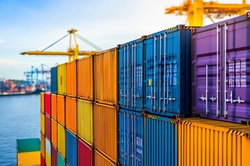 Colorful shipping containers stacked high, port cranes in background