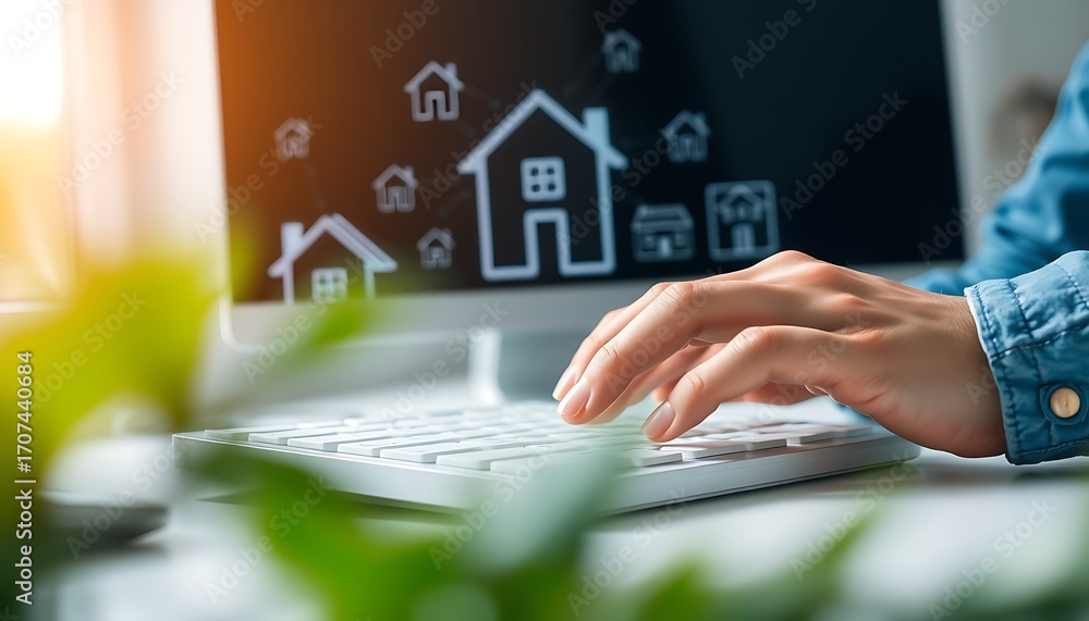 Poster person's hands on keyboard with computer screen displaying multiple house icons technology real esta