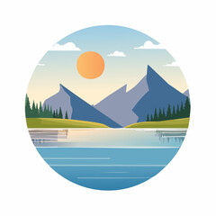 Naklejka premium Mountain lake at dawn, morning light and sun, minimalist landscape, vector illustration
