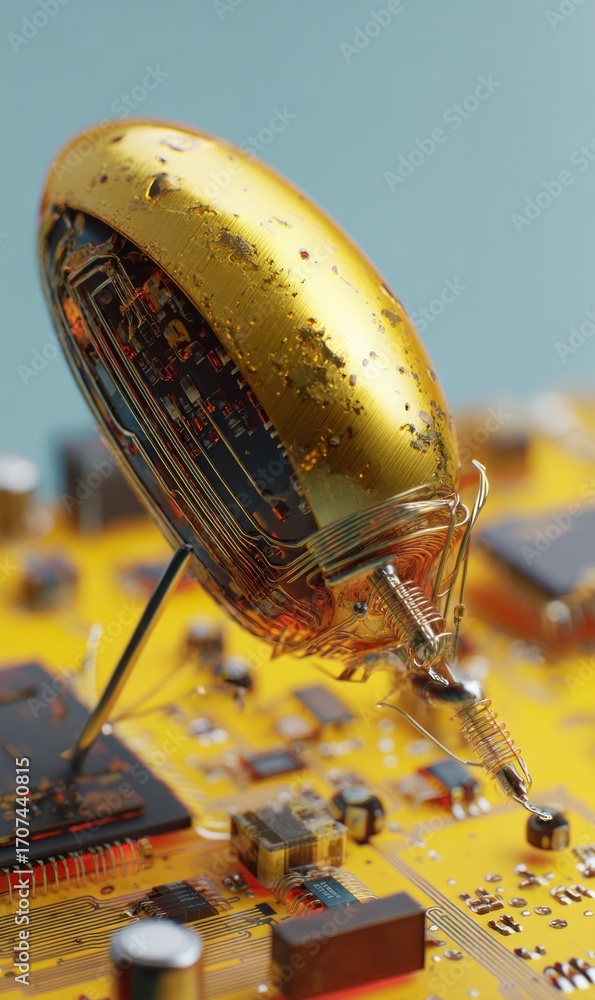 Poster microchip detail showcasing intricate design and golden component