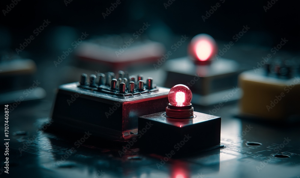 Aufkleber close-up of glowing buttons and circuits in a dark setting