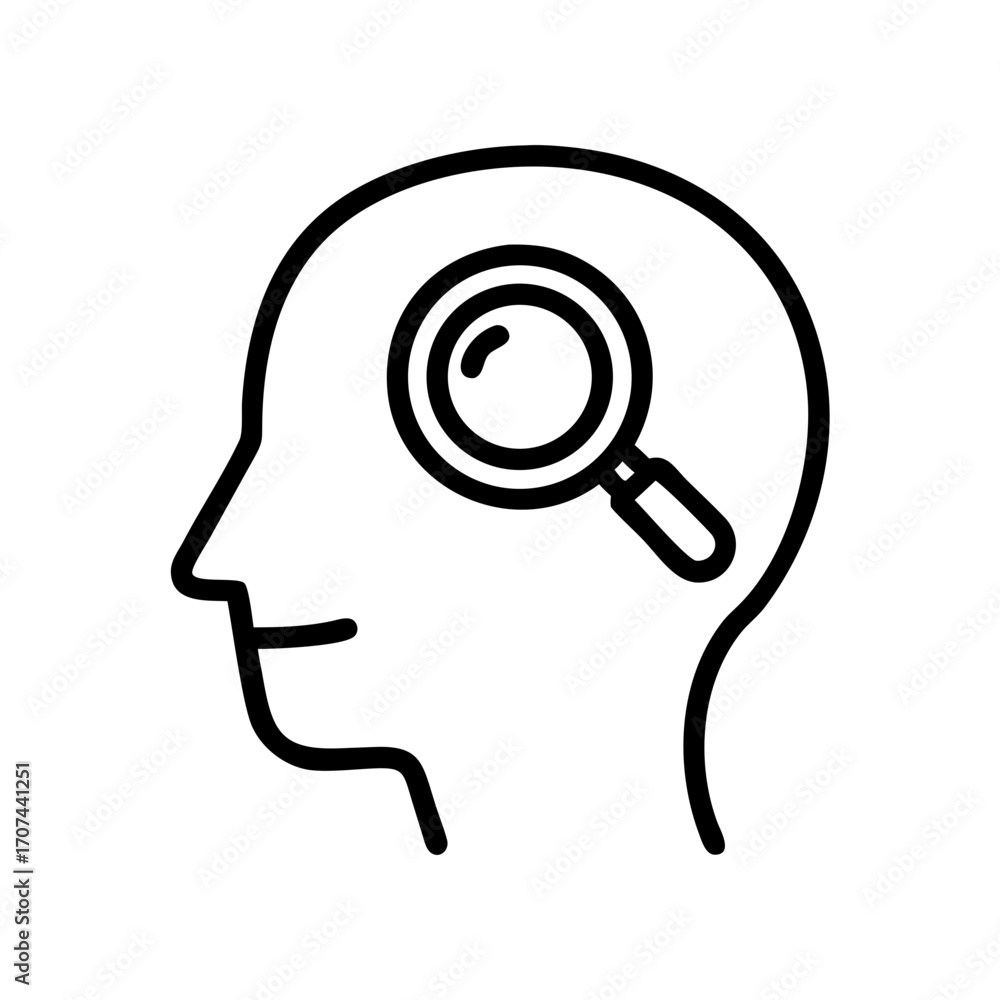 Poster thinking head with magnifier focus icon for web and graphic design