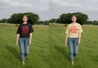Mockup Of Woman Wearing Customized T-Shirt In Field