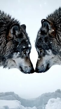 Two wolves touching noses in a snowy landscape during winter.