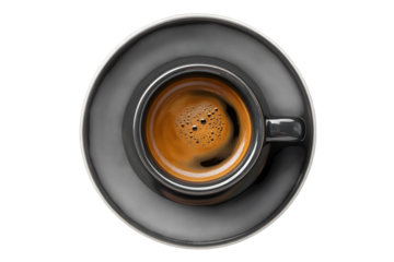 Aromatic espresso coffee in a black cup isolated on transparent background, top view