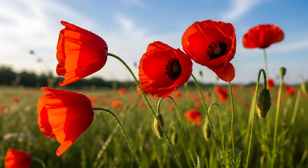 Obraz premium Vibrant Red Poppy Flowers in a Lush Green Field under a Bright Blue Sky during summer