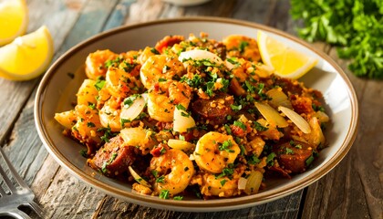 Spicy shrimp and chorizo dish on a plate