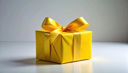 A vibrant yellow gift box, adorned with a golden ribbon bow, sits on a white surface against a neutral backdrop.