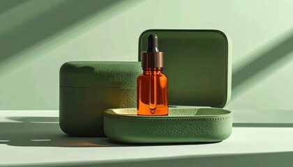 A presentation of a bottle of amber liquid nestled within a set of green, textured boxes.