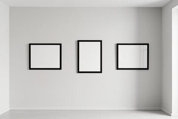 This design embodies a modern minimalist approach with empty frames displayed on a clean, simple wall