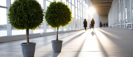 Two topiary trees in pots with sunlight and people walking down a bright corridor