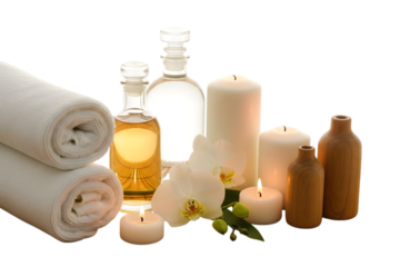 Spa treatment arrangement with towels, candles, oils, and flowers isolated on transparent background