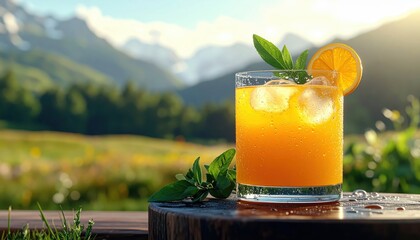 A refreshing orange drink sits on a wooden table amidst a picturesque mountain landscape, showcasing a vibrant sunny day.