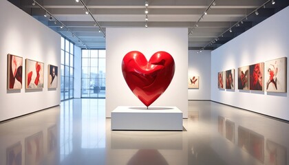 Modern art exhibition showcasing a large, vibrant red heart sculpture, set against a gallery of paintings in a bright, airy contemporary space.