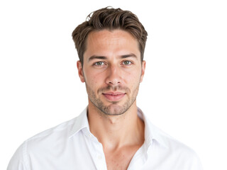 Obraz premium A young man stands confidently with a slight smile, wearing a crisp white shirt. His brown hair is styled neatly, and his light blue eyes add charm to the neutral setting.