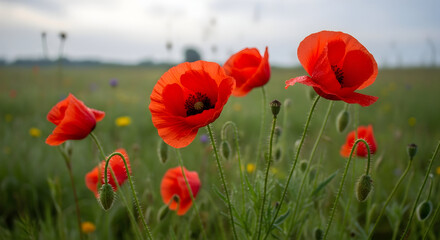 Obraz premium Vibrant Red Poppies Swaying Gently in a Lush Green Meadow on a Cloudy Day