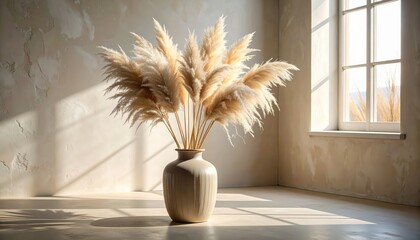 A beige vase filled with pampas grass, bathed in soft sunlight, sits in a corner of a light-filled room with textured walls.