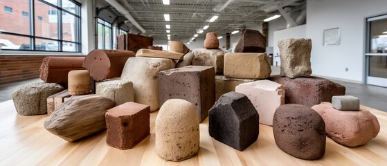 Various textured, earth-toned, stone-like objects displayed on a wooden table inside a bright interior