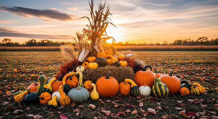 Autumnal Abundance: A Harvest Display of Pumpkins, Gourds, and Cornstalks at Sunset