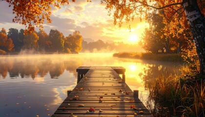A serene autumn sunrise paints a tranquil lake, with a wooden dock extending into the morning mist, highlighting the beauty of nature's quiet beauty.