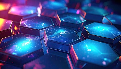 Abstract Hexagonal Pattern with Blue and Pink Light Reflections Geometric Design Futuristic Technology Conceptual Background with Glowing Particles Rotating in Alternating Directions