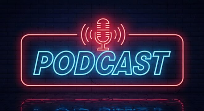 Neon Podcast Sign with Microphone and Glowing Lights for Audio Content.