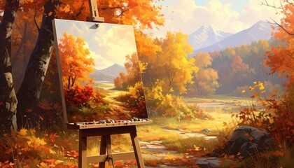 A picturesque autumnal landscape, painted on an easel, showcasing warm colors and a serene atmosphere.