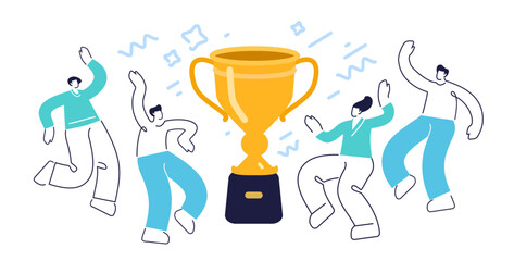 Happy people with trophy, golden cup. Business team achievements. Triumph reward, award and celebration of success