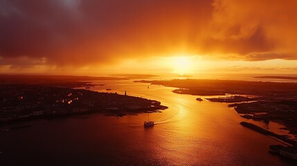 Aerial view of a city harbor at sunset, dramatic orange and dark clouds