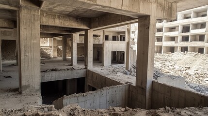 Interior of a partially-constructed, abandoned high-rise building.  Ruined concrete supports and floors, with rubble-filled spaces.  Light beige and gray tones