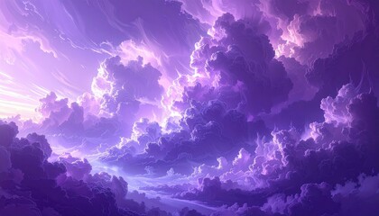 A breathtaking vista of vibrant purple cloudscapes fills the image, showcasing an ethereal and dreamy atmosphere.