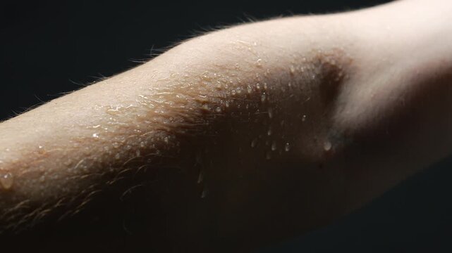A sweaty body part on a man's body (close-up video).
Beads of sweat on a naked, muscular man's body.
A sexy, sweaty guy.
A close-up of a man's hairy arm and beads of sweat on it.