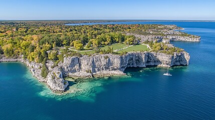 High-angle view of a rocky island with autumnal foliage, clear water, and a small boat