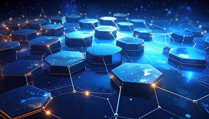 Abstract Hexagonal Grid in Blue Tones with Interconnected Lines and Glowing Particles Creates a Futuristic Network Visualization