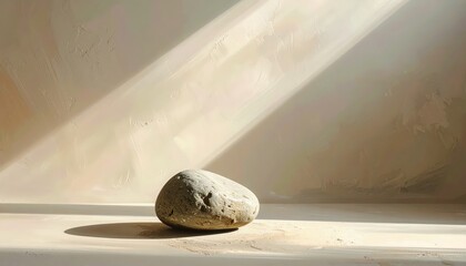 A single, smooth stone rests on a light beige surface, bathed in warm sunlight filtering through a textured wall.