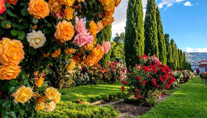 Vibrant rose garden in a park setting