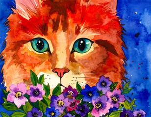 Watercolor portrait of a ginger cat with flowers