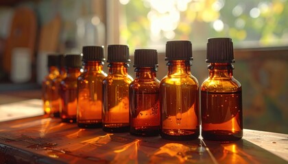 Amber glass bottles of essential oils line a wooden surface, bathed in natural light.
