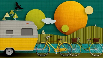 Vibrant camping scene with bikes, trailer, trees, suns, and bird