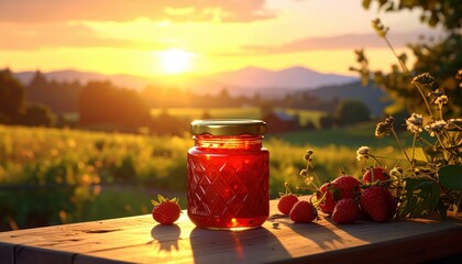 A jar of vibrant strawberry preserves sits on a rustic wooden surface, bathed in the warm glow of a sunset over a rural landscape.