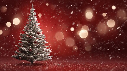 Obraz premium Red Christmas background with blurred bokeh lights and Christmas tree silhouette festive holiday backdrop for greeting card banner or web header copy space warm glowing orbs dreamy New Year ambiance