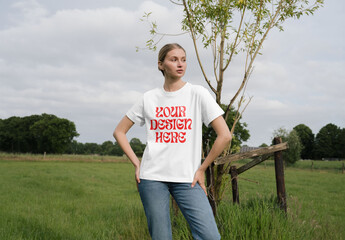 Mockup Of Woman Wearing Customizable T-Shirt Front View
