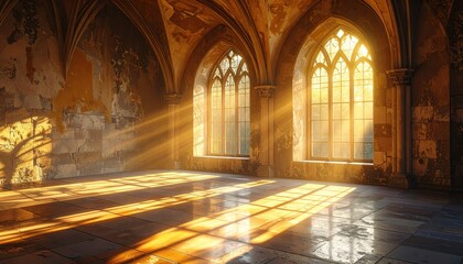 Sunlight streams through ornately designed gothic windows, illuminating a historic stone hall.