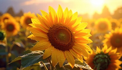A radiant sunflower, drenched in dew drops, stands out amidst a field of its kind, bathed in the golden light of sunrise or sunset.