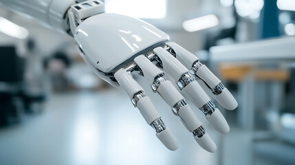 Close-up of a robotic hand in a laboratory setting, showcasing advanced mechanical design and precision engineering.