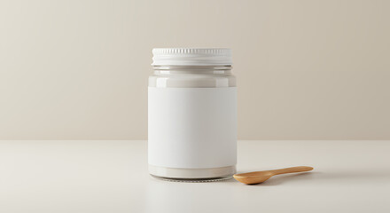 white glass jar and metal cap with wooden spoon Mockup