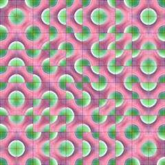 Digital illustration of a symmetrical multicolored wavy pattern of lines and circles. 3d rendering