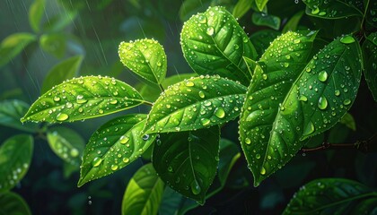 Vividly detailed leaves, glistening with water droplets, bathed in sunlight, and positioned in a natural environment.